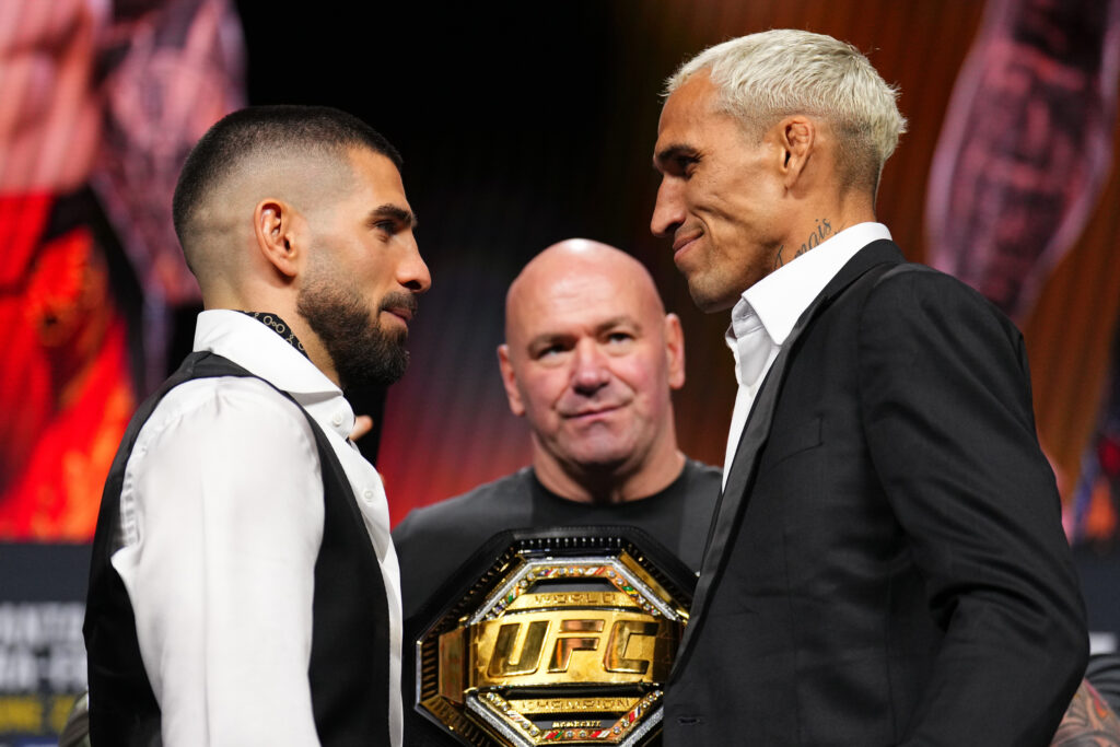 Ilia Topuria and Charles Oliveira stare each other down at the UFC 317 press conference