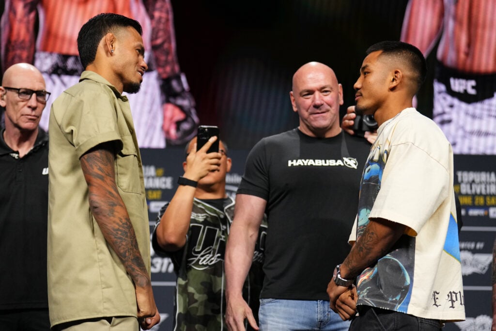Brandon Royval facing off with Joshua Van at UFC 317 press conference