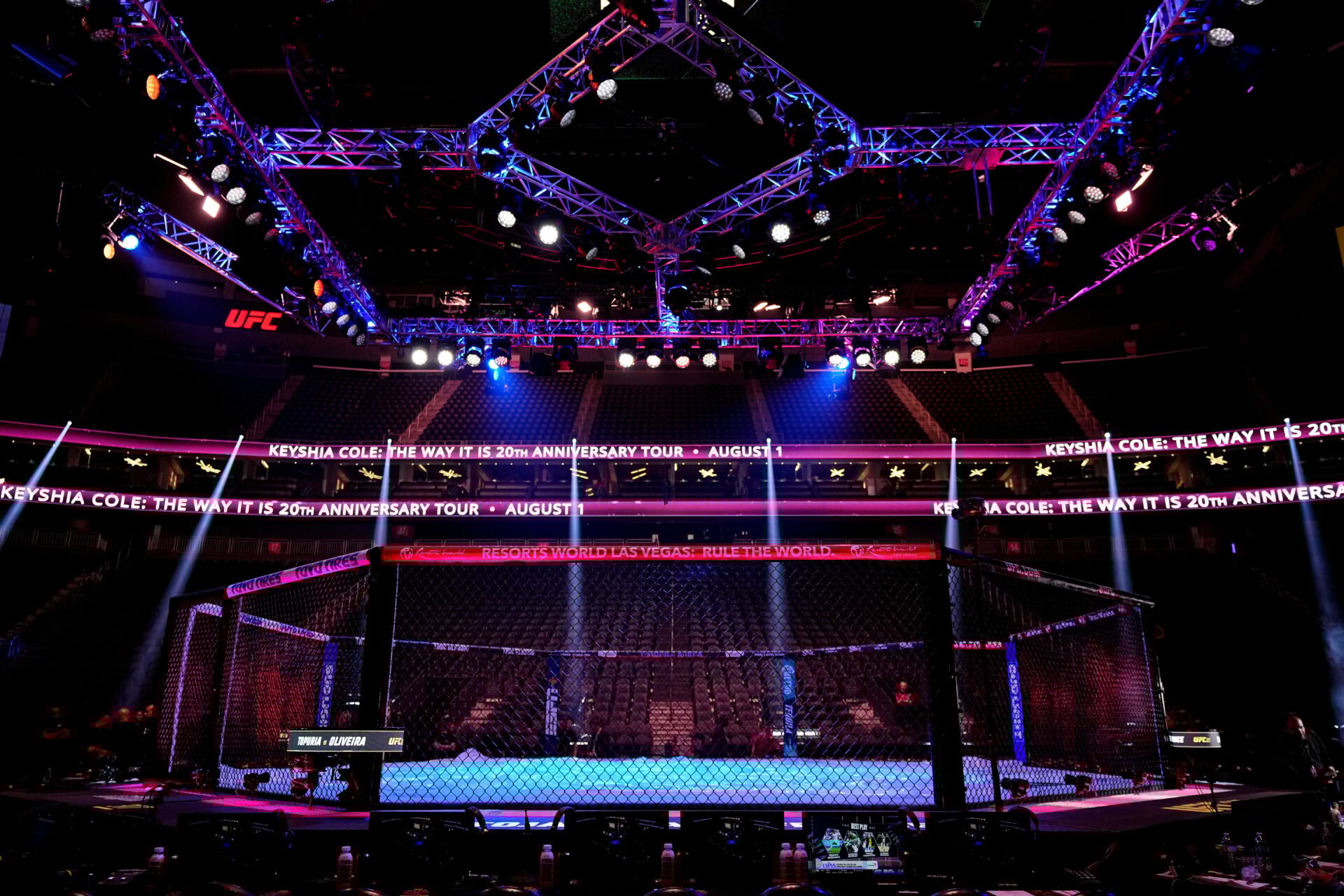 Cage-side view of the Octagon at UFC 317 inside the T-Mobile Arena