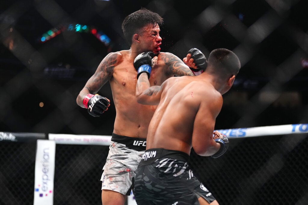 Joshua Van punches Brandon Royval during their fight at UFC 317.