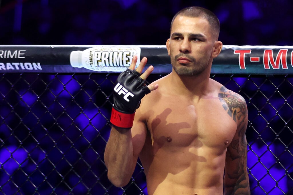 Alexandre Pantoja reacts during his fighter introduction at UFC 317 in Las Vegas