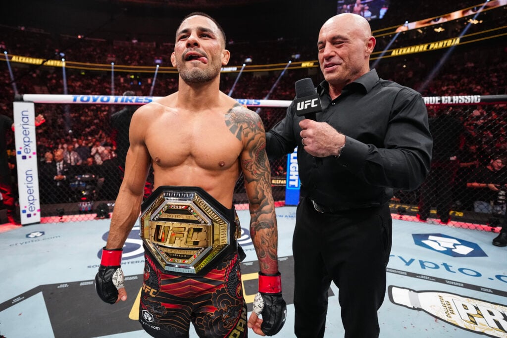Alexandre Pantoja gets interviewed by Joe Rogan after his win at UFC 317