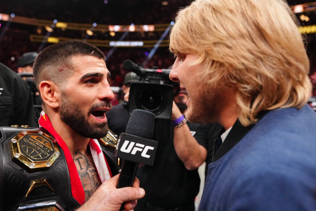 Ilia Topuria and Paddy Pimblett face off after Topuria's knockout win at UFC 317