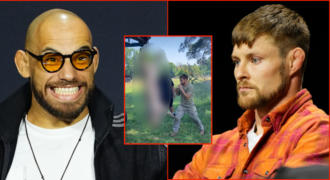 Jean Silva (left) and Bryce Mitchell (right) at the UFC 314 pre-fight press conference, inset Mitchell punching a dead cow on his Arkansas farm