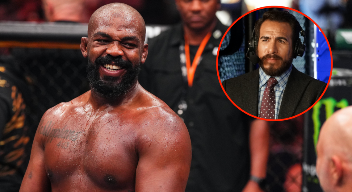 Jon Jones reacts after defeating Stipe Miocic at UFC 309, inset Kenny Florian during a 2022 PFL broadcast