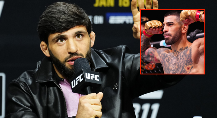 Arman Tsarukyan addresses the crowd at a UFC 311 press conference, inset Ilia Topuria flexing in the cage at UFC 308