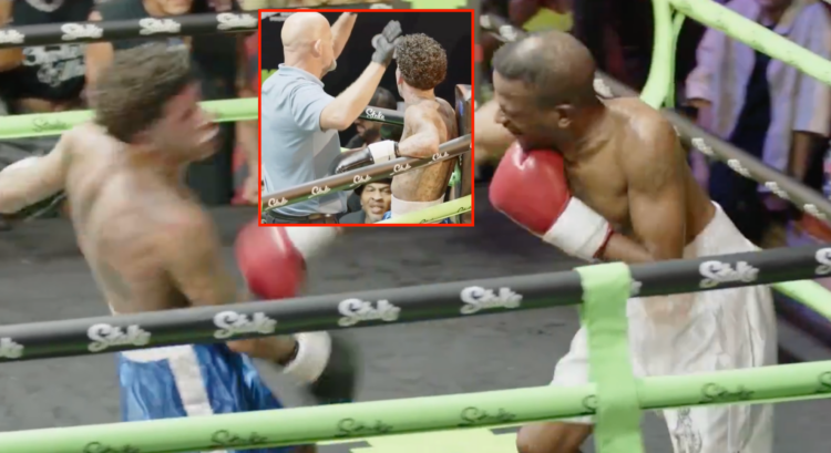 Main photo shows Charleston White punching Kodiyakredd of the 'Island Boys', block shos Kodiyakredd being waved off by a referee