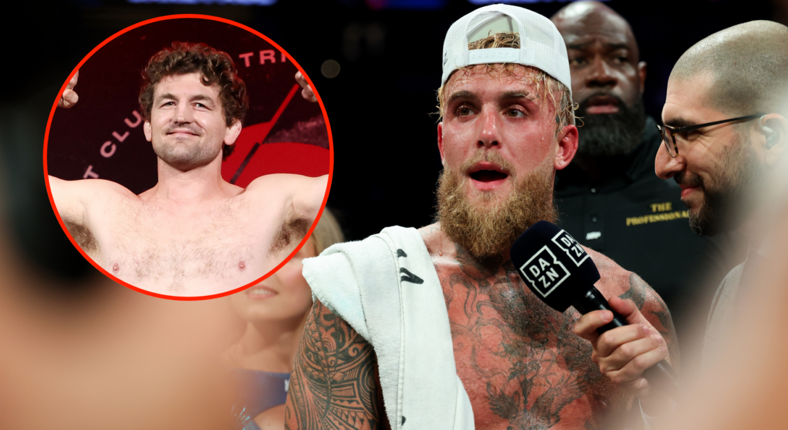 Jake Paul doing an interview with Ariel Helwani on DAZN (main) and Ben Askren weighing in (bubble)