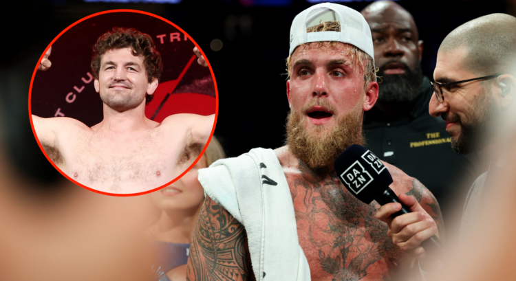 Jake Paul doing an interview with Ariel Helwani on DAZN (main) and Ben Askren weighing in (bubble)