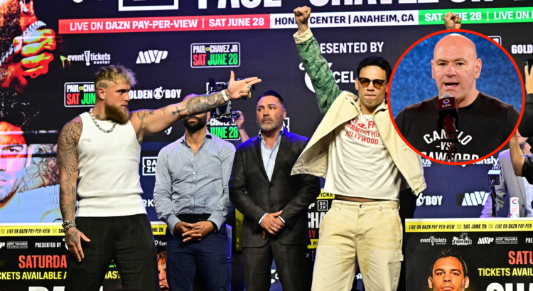Jake Paul aims a gun sign at Julio Cesar Chavez Jr who has his fists raised up while Oscar De La Hoya stands between them. Bubble shows Dana White