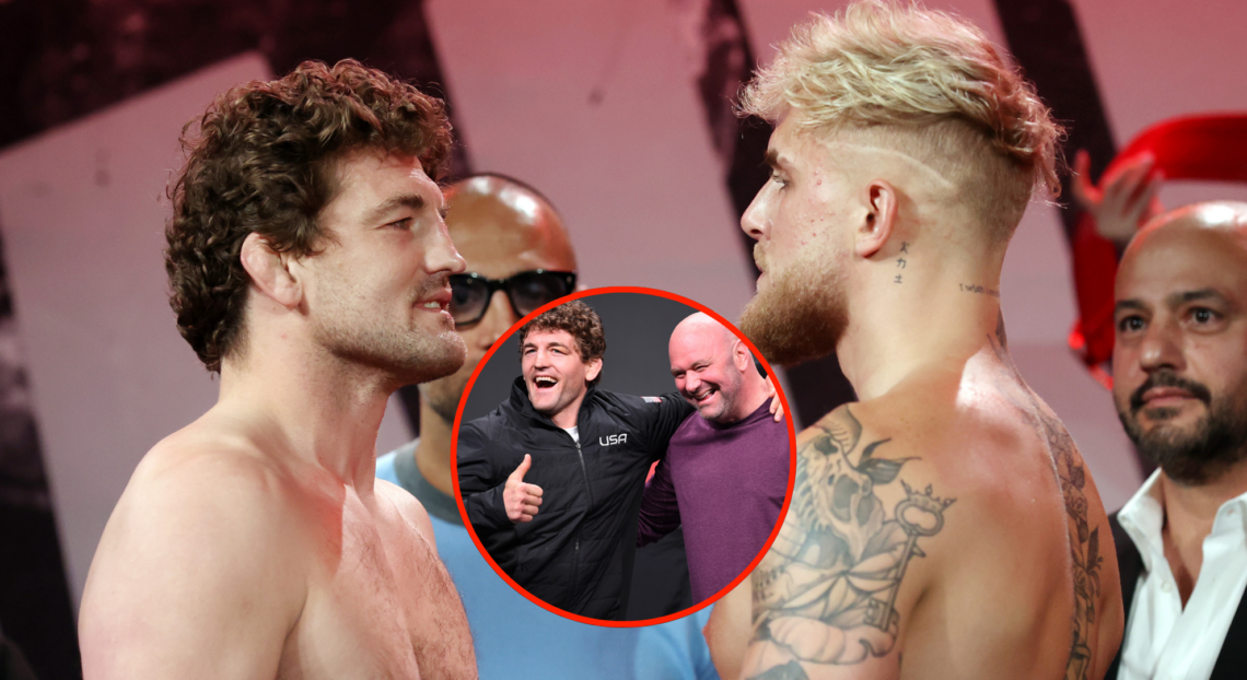 Ben Askren and Jake Paul facing off before their fight (main). Ben Askren and Dana White laughing at a UFC press conference (bubble)