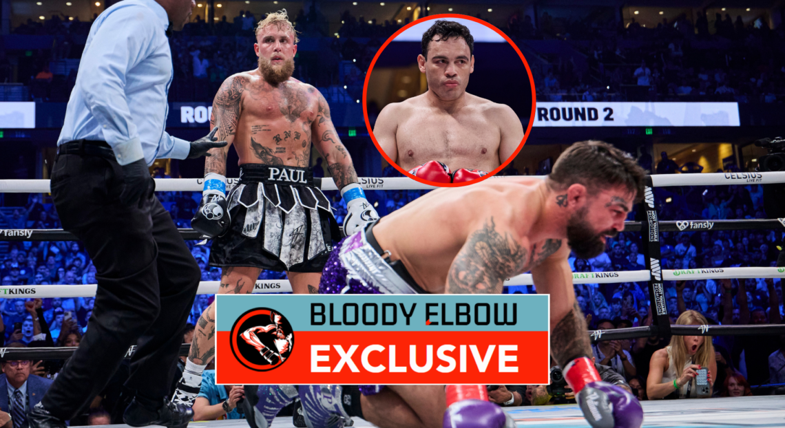 Main photo: Jake Paul stands over Mike Perry after dropping him. Bubble photo: Julio Cesar Chavez Jr during a fight. Overlay text reads: BLOODY ELB...