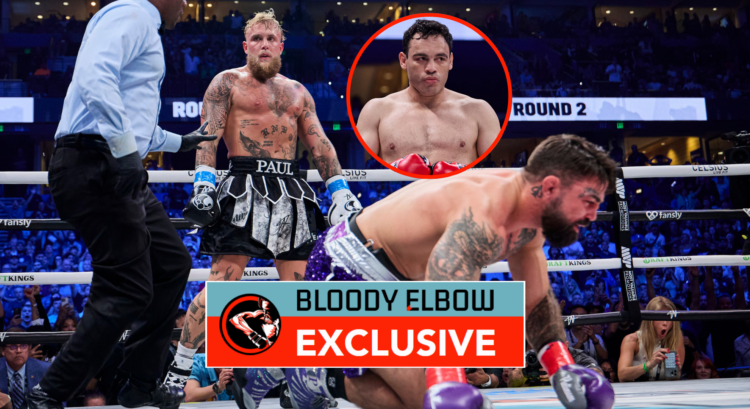 Main photo: Jake Paul stands over Mike Perry after dropping him. Bubble photo: Julio Cesar Chavez Jr during a fight. Overlay text reads: BLOODY ELB...