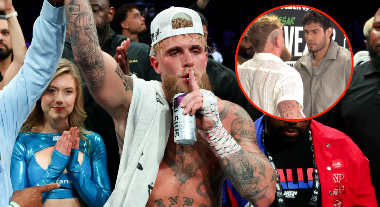 Jake Paul shushes the crowd after a win (main). Jake Paul faces off with Zurdo Ramirez (Bubble)