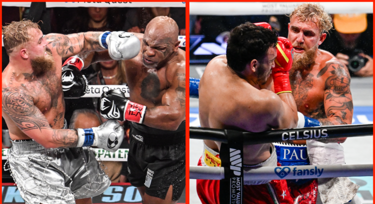 Jake Paul boxing Mike Tyson (left) and Julio Cesar Chavez Jr (right)