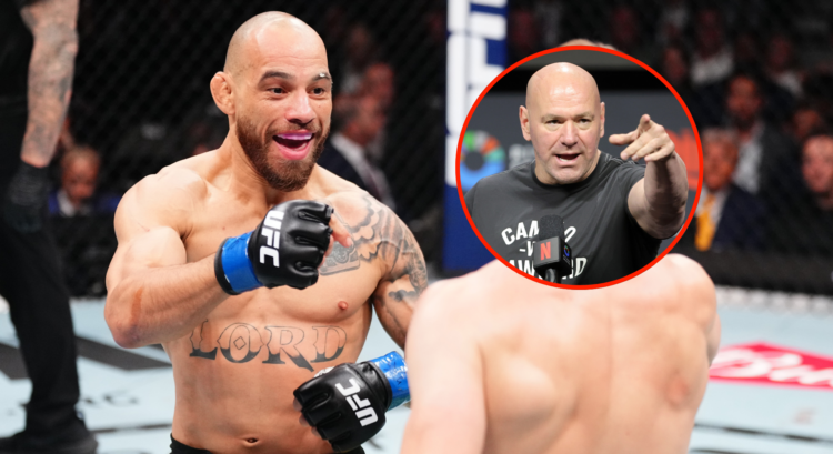 Jean Silva points at Bryce Mitchell during their fight at UFC 314. Bubble shows Dana White pointing at a press conference