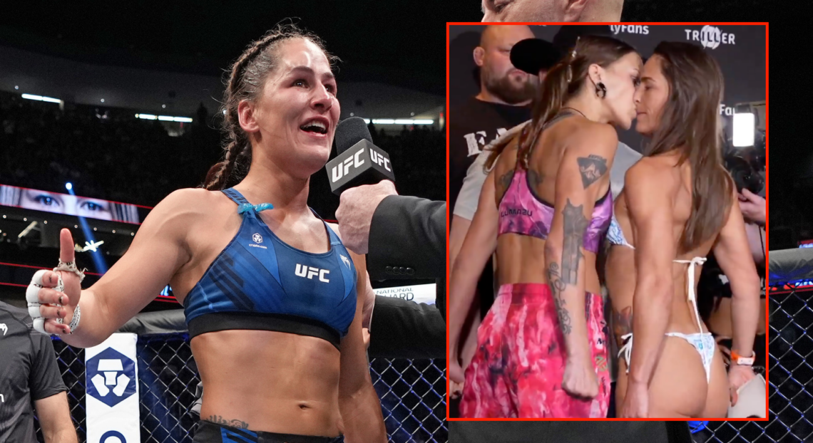 Jessica Eye being interviewed by Joe Rogan at UFC 276 with an inset of Jessica Eye being kissed by Mariya Agapova at the BKFC 76 weigh-ins