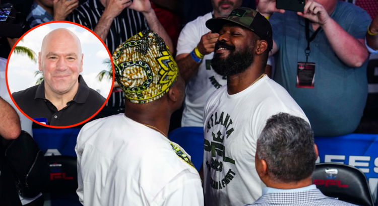 Francis Ngannou and Jon Jones facing off at a PFL event. Bubble shows Dana White