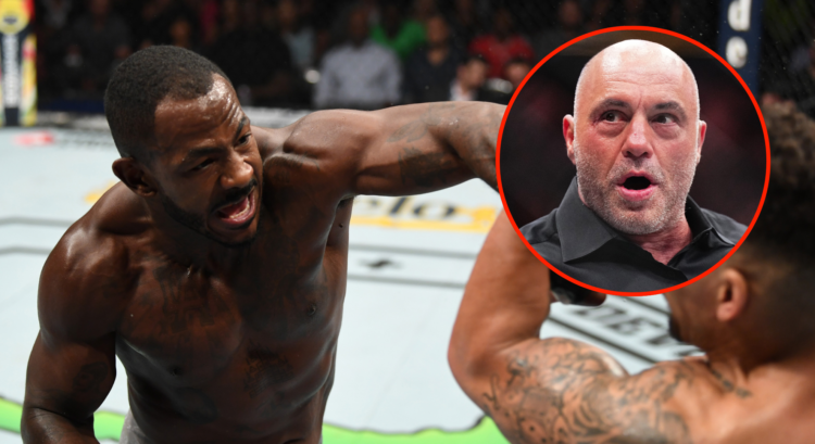 Khalil Rountree Jr. punches Eryk Anders in their UFC 236 fight, inset Joe Rogan at UFC 300
