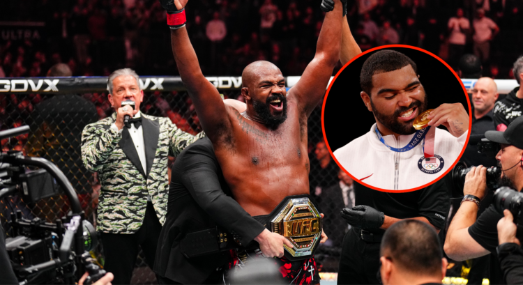 Jon Jones celebrates in the octagon with his UFC belt (main photo). Gable Steveson with his Olympic medal (bubble photo)