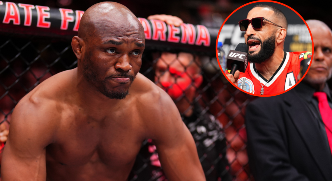 Kamaru Usman stares down Joaquin Buckley at UFC Atlanta, inset Belal Muhammad at the UFC 315 press conference