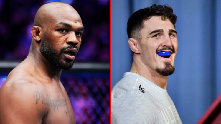 Split image of Jon Jones inside the octagon and Tom Aspinall at the UFC Apex