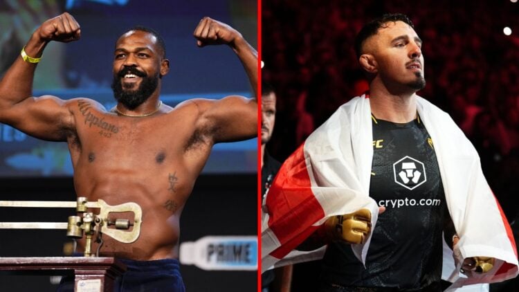 Split image of Jon Jones weighing-in and Tom Aspinall walking to the cage