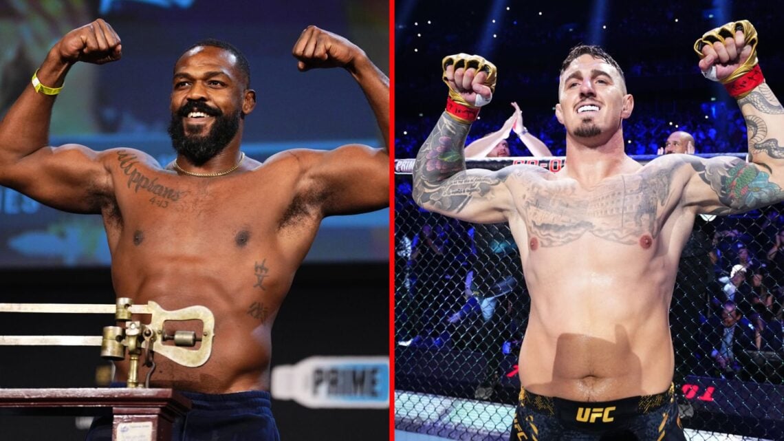 Split image of Jon Jones weighing-in and Tom Aspinall inside the octagon