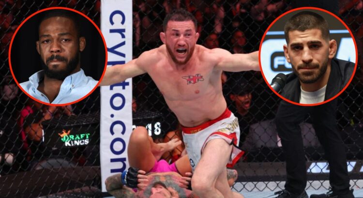 Merab Dvalishvili celebrates his UFC 316 win inset Jon Jones cryin and Ilia Topuria stonefaced