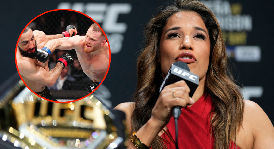 Julianna Pena speaks during a UFC 316 pre-fight press conference, inset Jack Della Maddalena punching Belal Muhammad