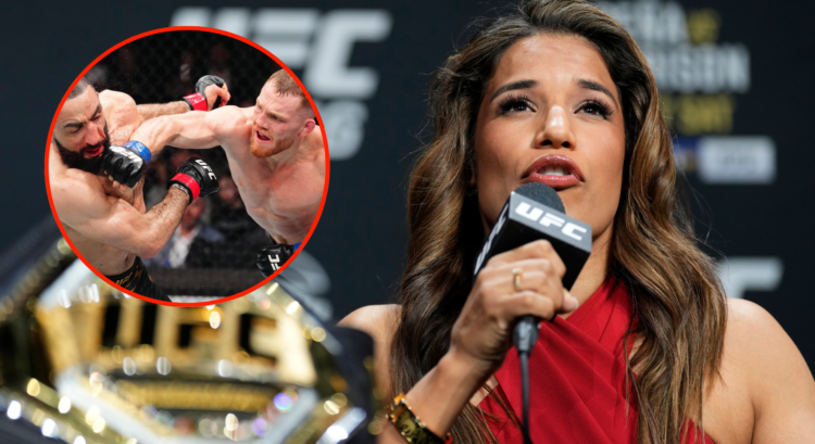 Julianna Pena speaks during a UFC 316 pre-fight press conference, inset Jack Della Maddalena punching Belal Muhammad