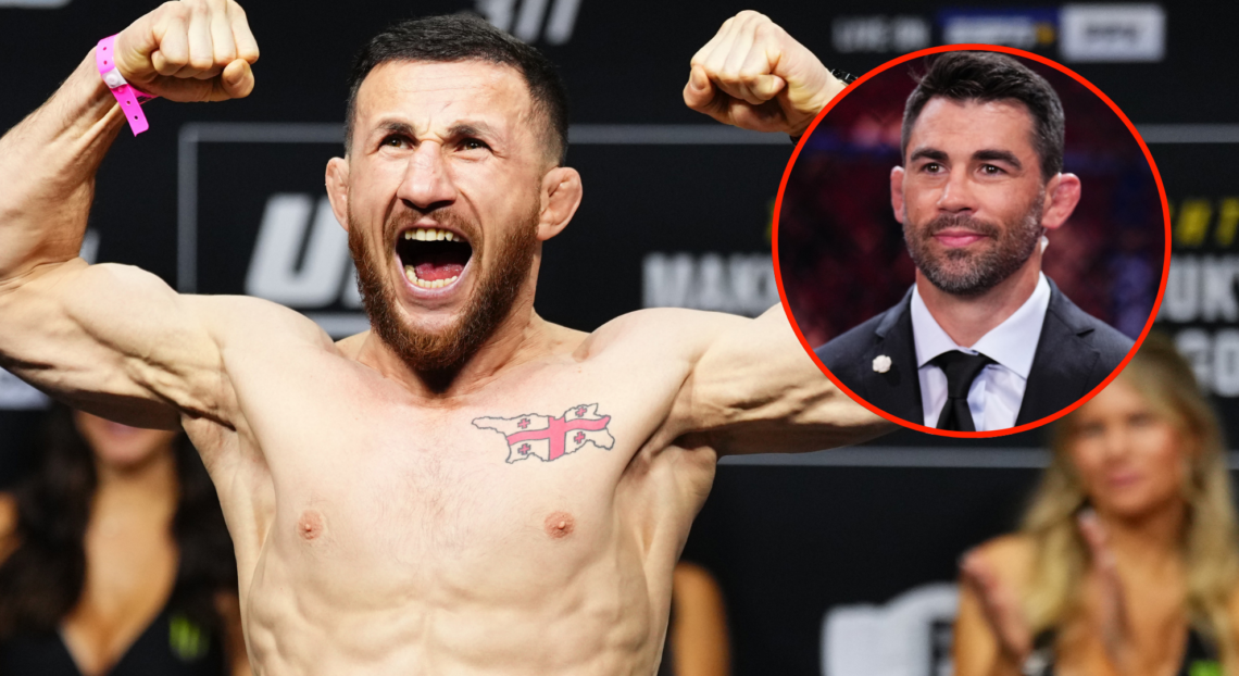 Merab Dvalishvili poses on the scale at the UFC 311 ceremonial weigh-in inset Dominick Cruz cageside at UFC 315