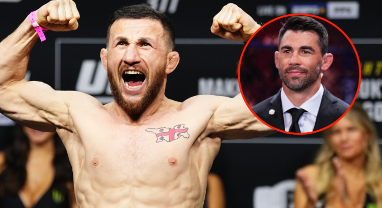 Merab Dvalishvili poses on the scale at the UFC 311 ceremonial weigh-in inset Dominick Cruz cageside at UFC 315