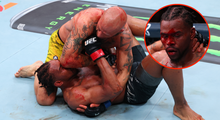 Andreas Gustafsson elbows Khaos Williams at UFC 316, inset Williams covered in blood after the fight