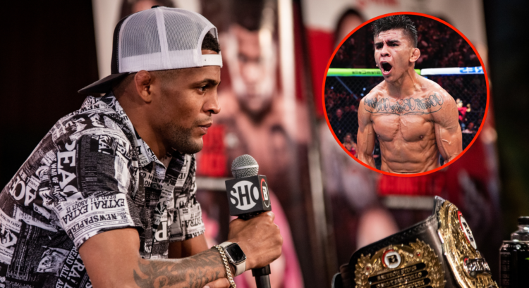 Patchy Mix answers a question during a Bellator press conference, inset Mario Bautista after defeating Jose Aldo at UFC 307