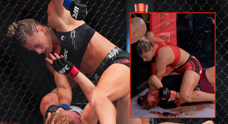 Kayla Harrison lands elbows on Holly Holm during UFC 300 fight with an inset of Kayla Harrison using elbows for the first time ever