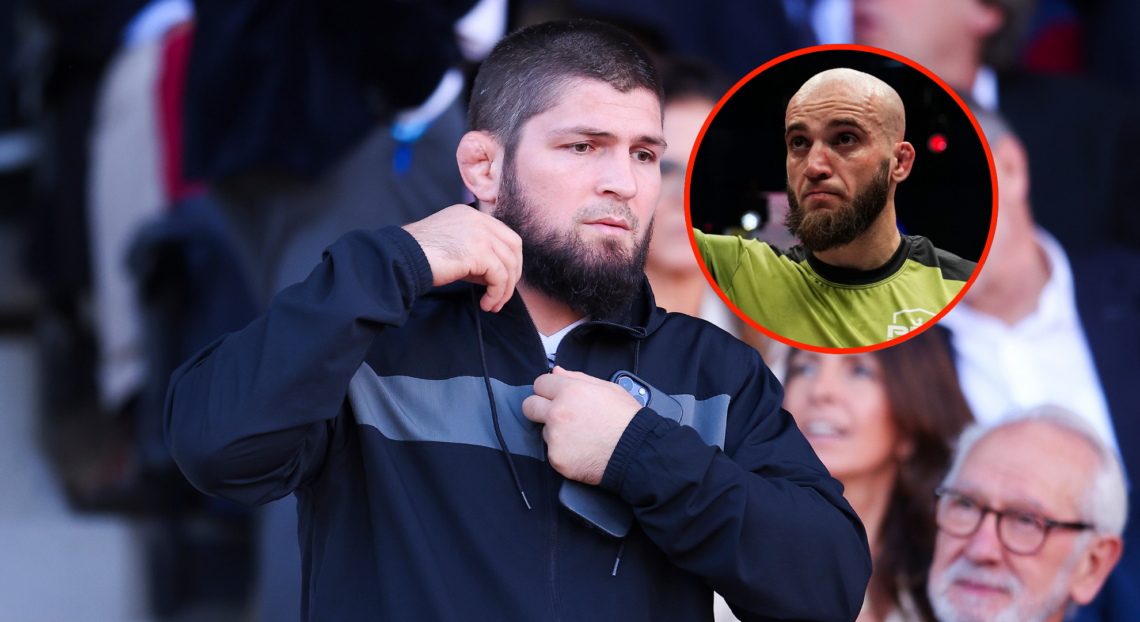 Main photo shows Khabib Nurmagomedov in the crowd at a football match. Bubble shows Movlid Khaybulaev after winning a PFL fight