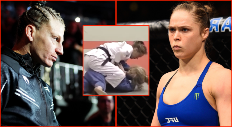 Kayla Harrison walks to the Octagon at UFC 307, opposite Ronda Rousey entering the cage at UFC 207, inset Harrison and Rousey competing at the 2005...