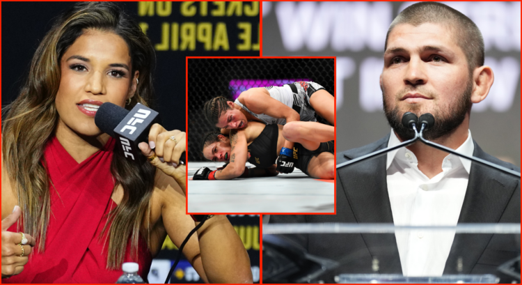 Julianna Pena speaks at a UFC 316 press conference, opposite Khabib Nurmagomedov at the 2022 UFC Hall of Fame induction ceremony, inset Pena grappl...
