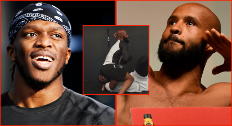 KSI appears at an open workout for his Tommy Fury fight, opposite Demetrious Johnson at the UFC 227 ceremonial weigh-in, inset Johnson grappling wi...