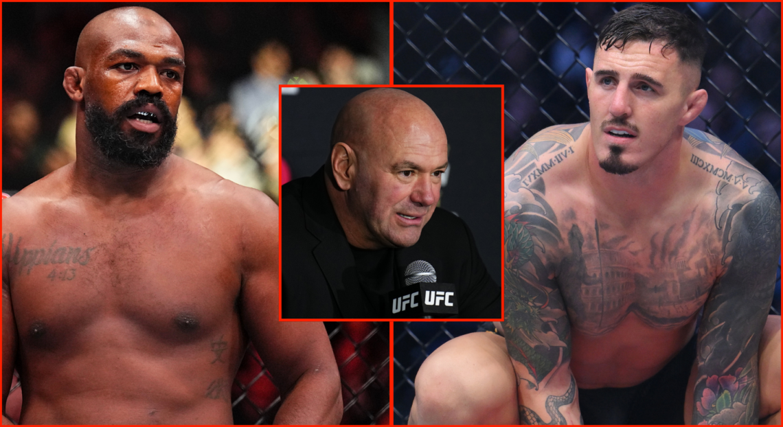 Jon Jones stares down Stipe Miocic in the cage at UFC 309, opposite Tom Aspinall at UFC 304, inset Dana White at the UFC 313 press conference