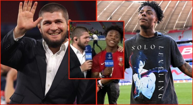 Split image of Khabib Nurmagomedov and IShowSpeed before and after the Champions League final, inset of their live TV interaction