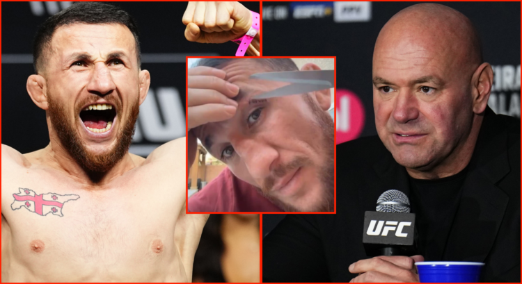 Merab Dvalishvili poses on the scale at the UFC 311 ceremonial weigh-in, opposite Dana White at the UFC 313 press conference, inset Dvalishvili cut...