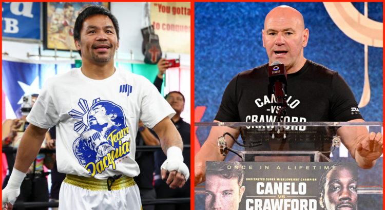 Manny Pacquiao at an open workout (left) and Dana White at the Canelo Alvarez vs Terence Crawford press conference (right)