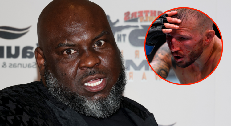 Brad 'Cutman' Tate appears on the red carpet at the Fighters Only World MMA Awards, inset TJ Dillashaw during a fight