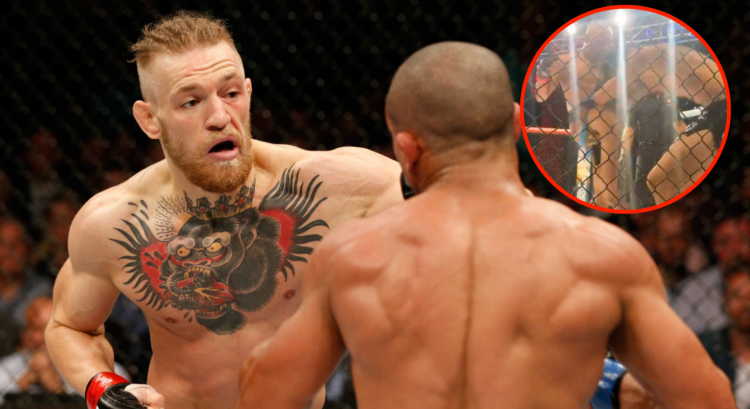 Conor McGregor throws a punch at Diego Brandao, inset Diego Brandao knocks out Canaan Kawaihae.