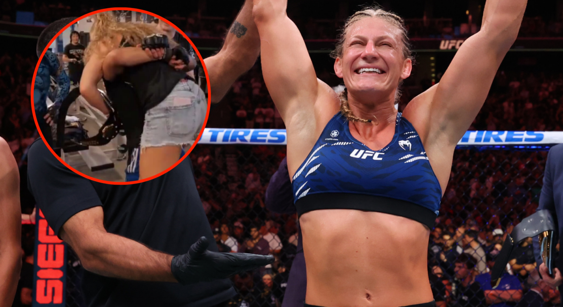 Kayla Harrison gets her hands raised after her win in the UFC 316 co-main event, inset Harrison getting lifted up by a teammate at American Top Team