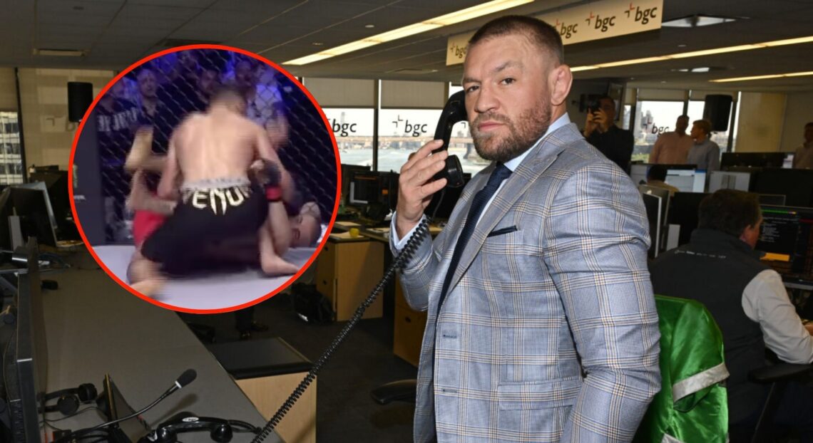 Conor McGregor holds telephone as he attends a Charity Day, inset Nikolay Grozdev knocking out Ignacio Campos at WOW 20