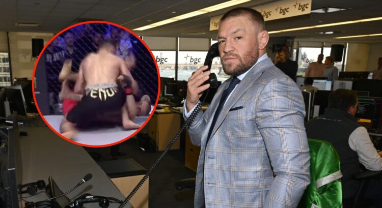 Conor McGregor holds telephone as he attends a Charity Day, inset Nikolay Grozdev knocking out Ignacio Campos at WOW 20