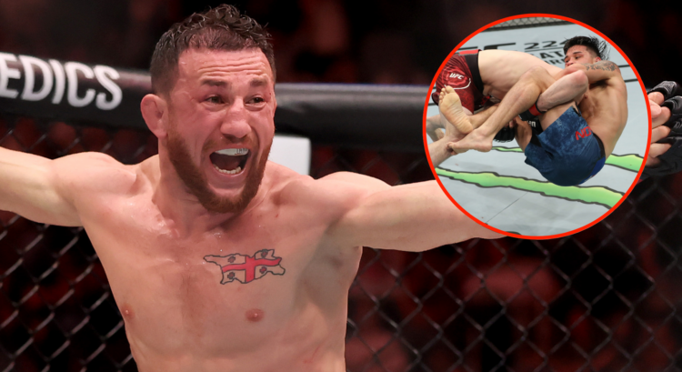 Merab Dvalishvili celebrates after submitting Sean O'Malley at UFC 316, inset Ricky Simon grappling Dvalishvili